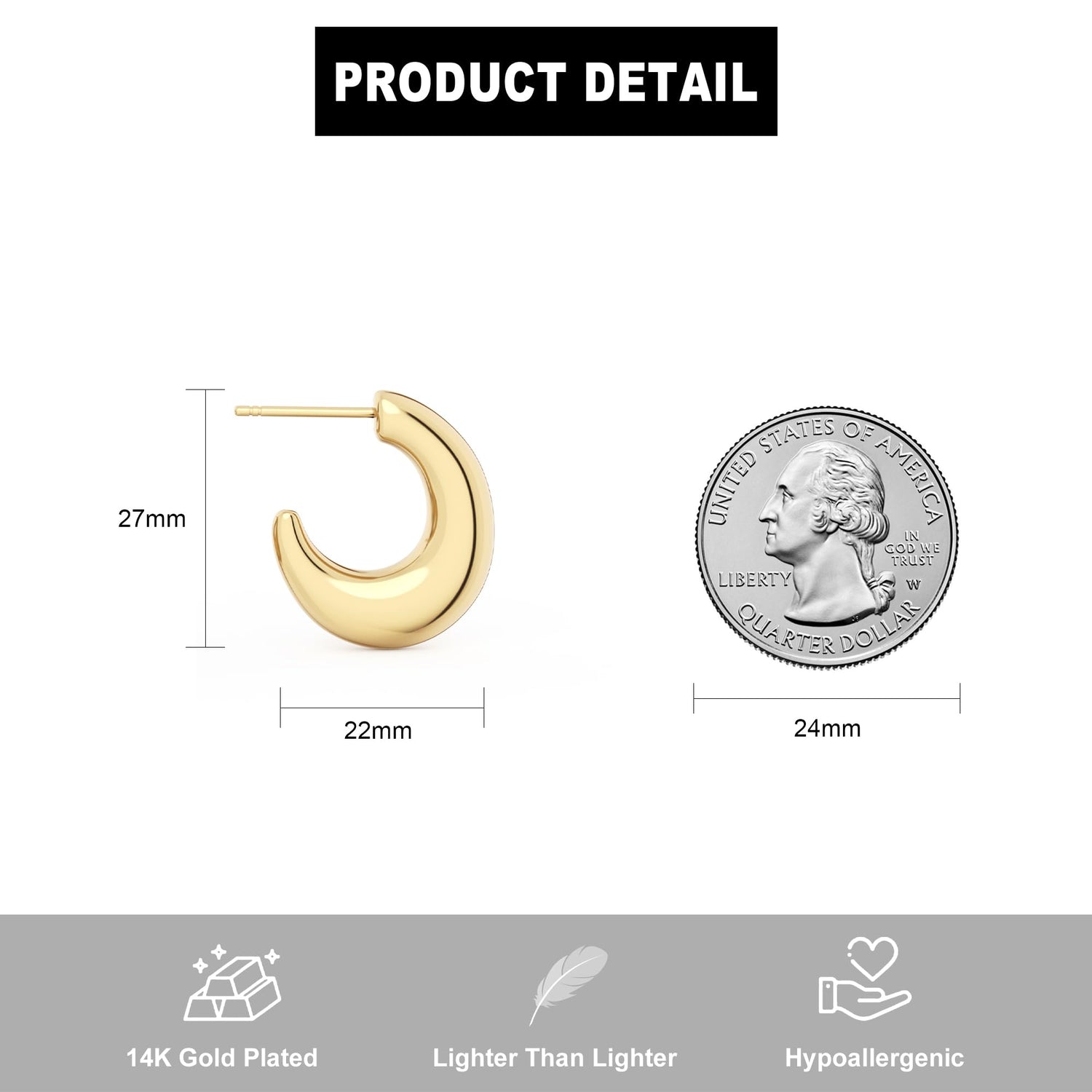 14K Gold Plated Chunky Gold Hoop Earrings