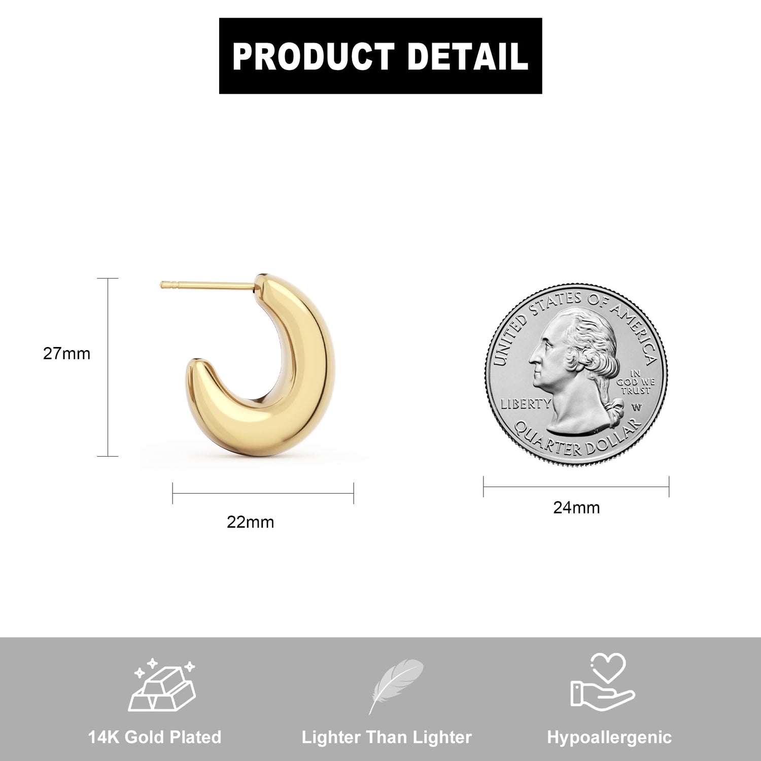 14K Gold Plated Chunky Gold Hoop Earrings