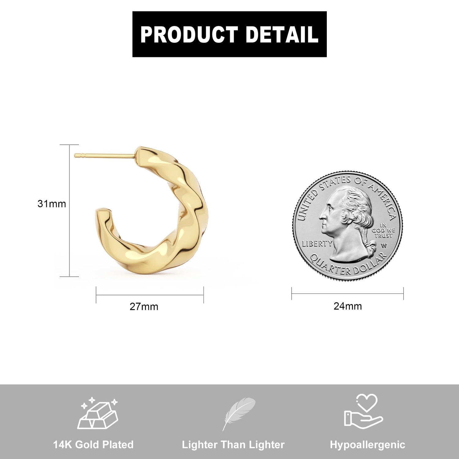 14K Gold Plated Chunky Gold Hoop Earrings