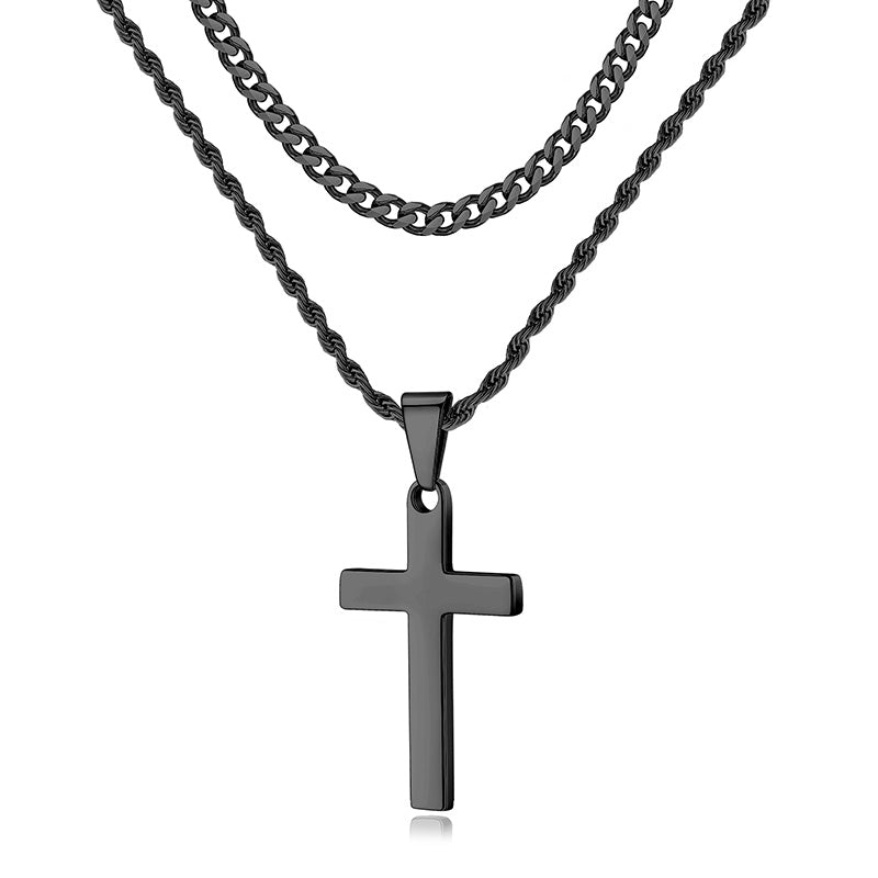 LUXEJEW Silver Gold Black Mens Cross Necklaces Stainless Steel Cuban Link Chain Rope Chain Layered Cross Pendant Necklace for Men 16-26 Inches